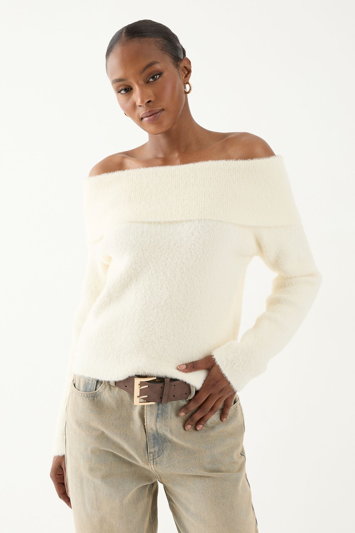 MissPap Eyelash Knit Fold Over Detail Top Ecru image 2