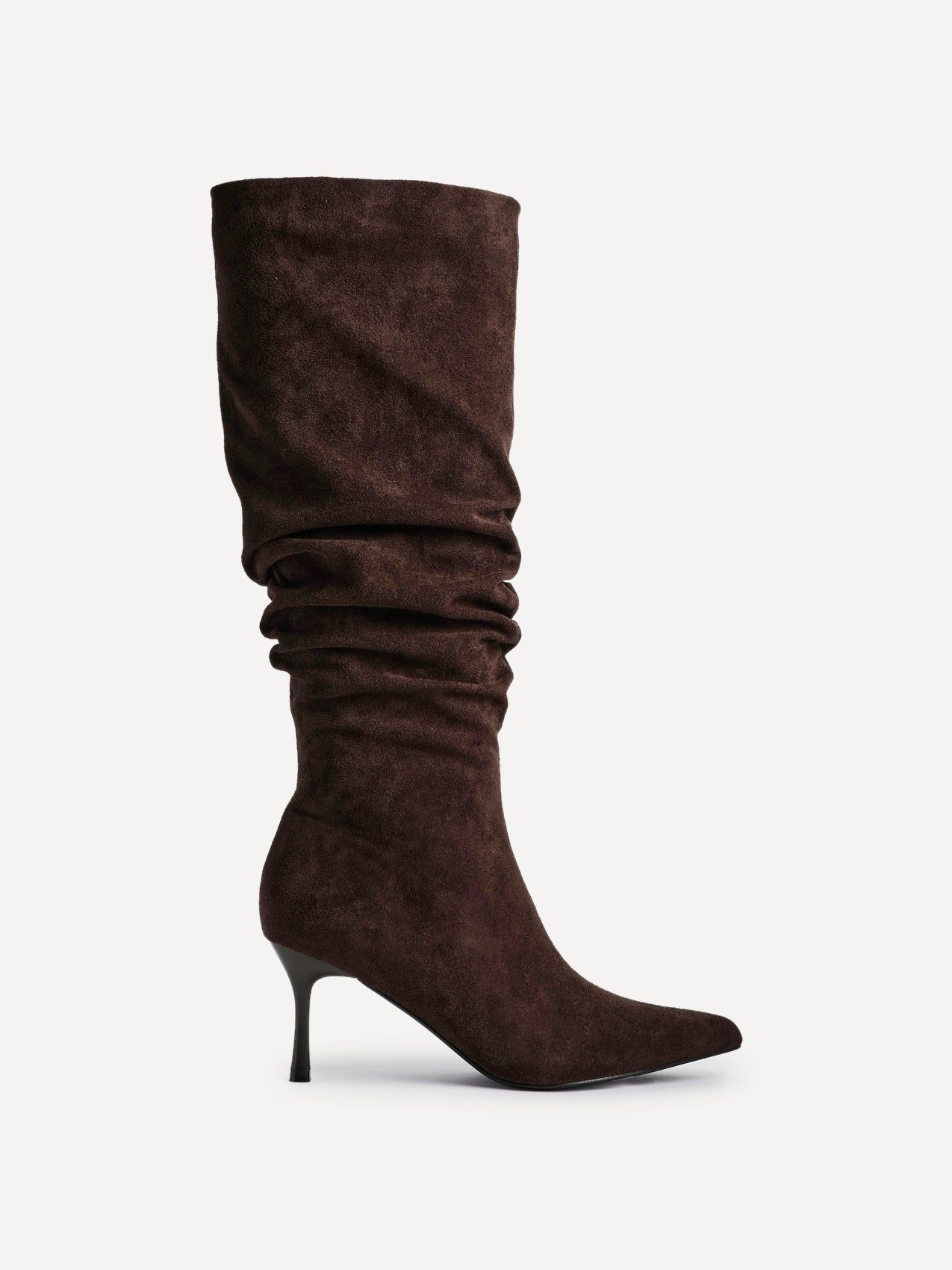 Linzi Rosenna Brown Faux Suede Ruched High Leg Heeled Boot image 1