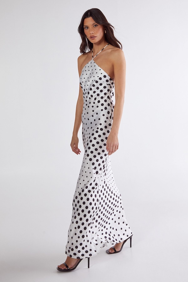 NastyGal Satin Polka Dot Halter Neck Cowl Back Maxi Dress Mono