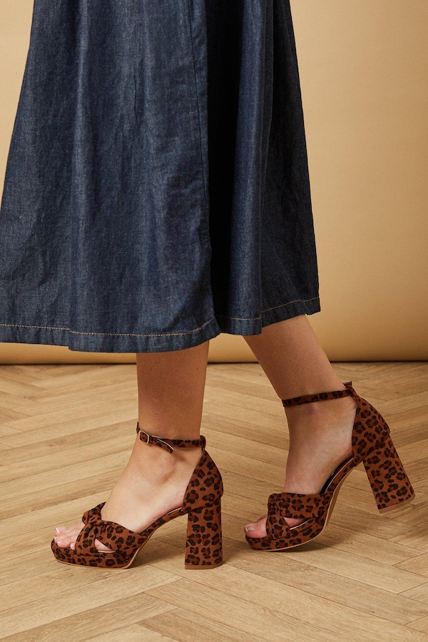 Oasis Narina Leopard Faux Suede Knotted Platform High Block Heel Sandals Leopard