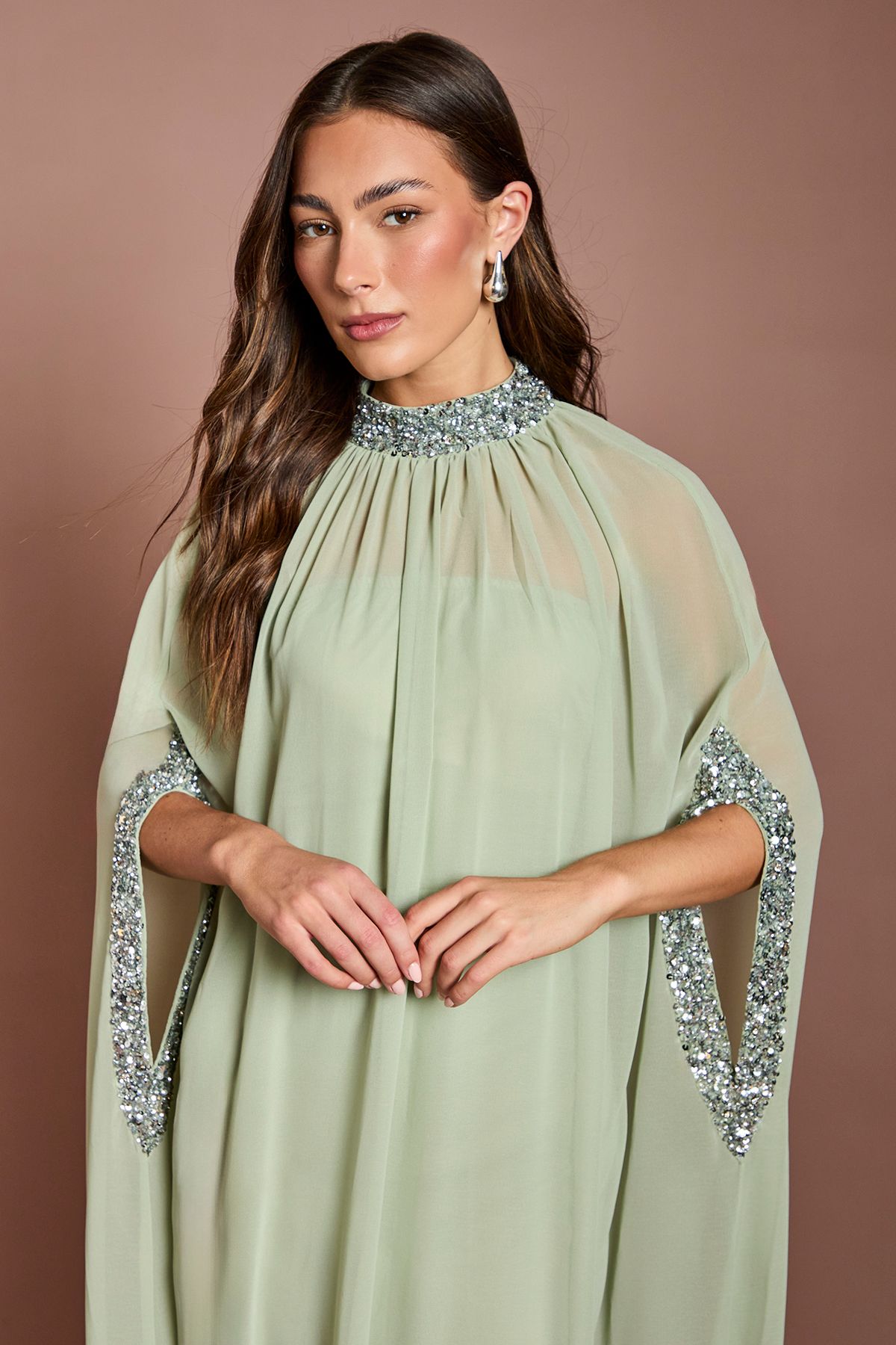 Coast Chiffon Cape Style Sequin Maxi Dress Sage image 2