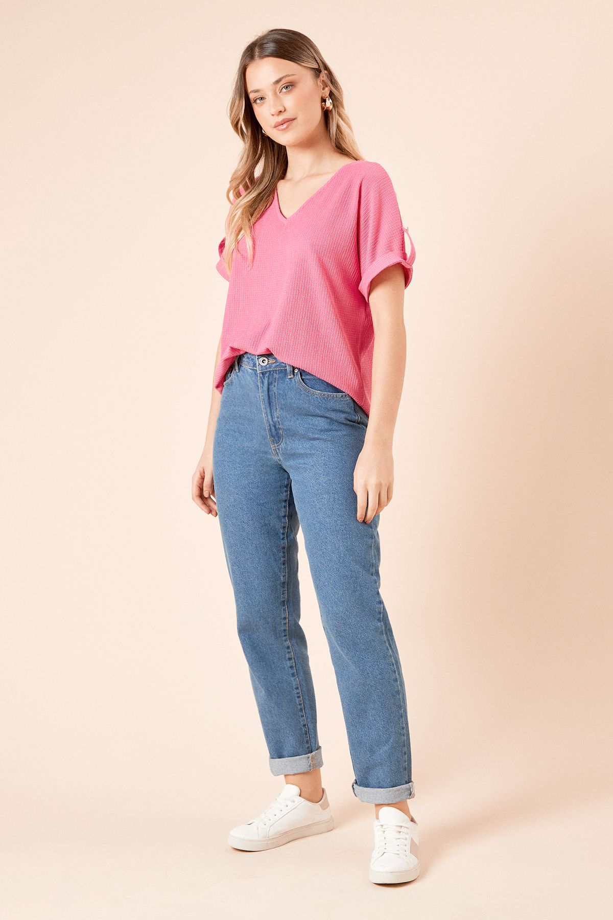 Dorothy Perkins V Neck Roll Sleeve Jersey Top Pink image 3