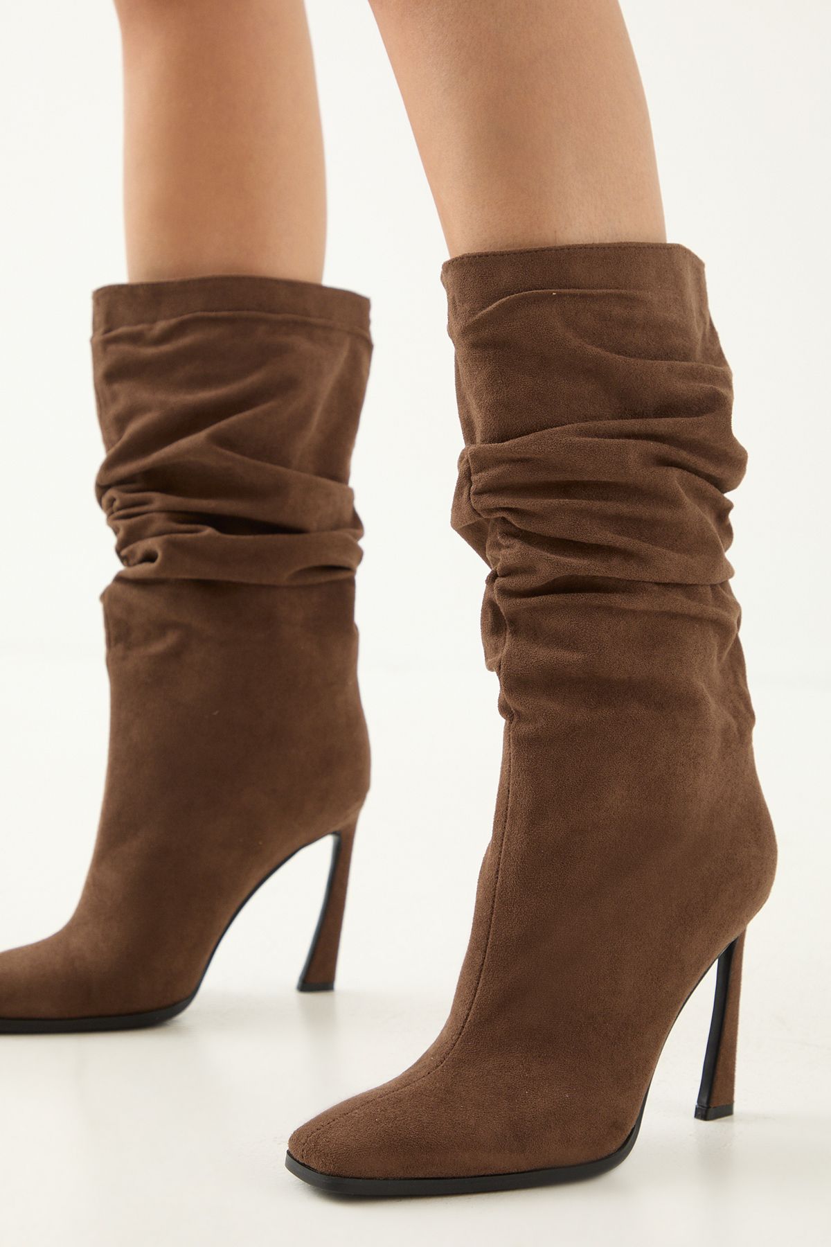 MissPap Faux Suede Ruched Square Toe High Flared Stiletto Calf Boots Brown image 4