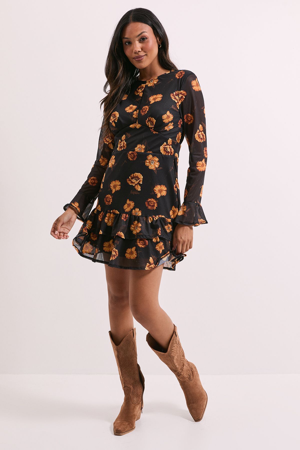 Dorothy Perkins Tiered Skirt Printed Mesh Mini Dress Floral image 2