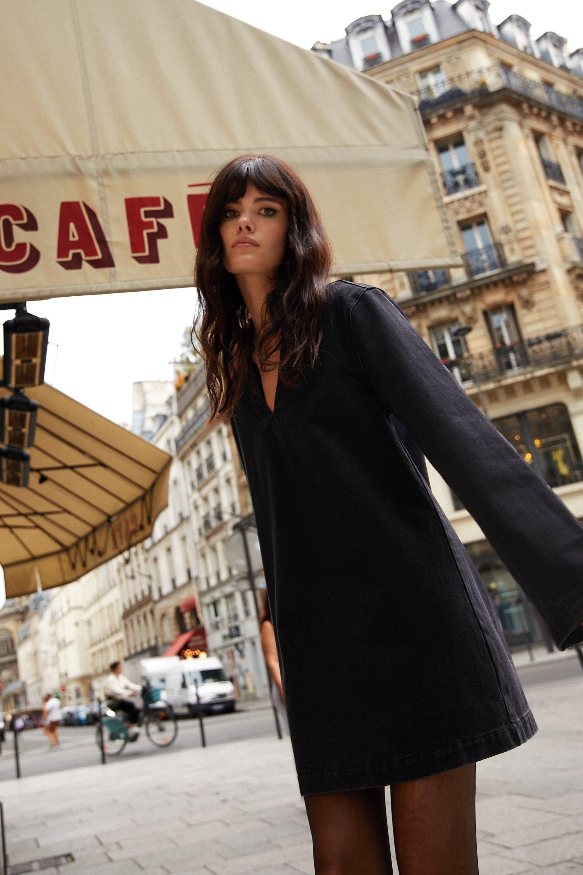 Warehouse Long Sleeve Denim Smock Dress Black image 1