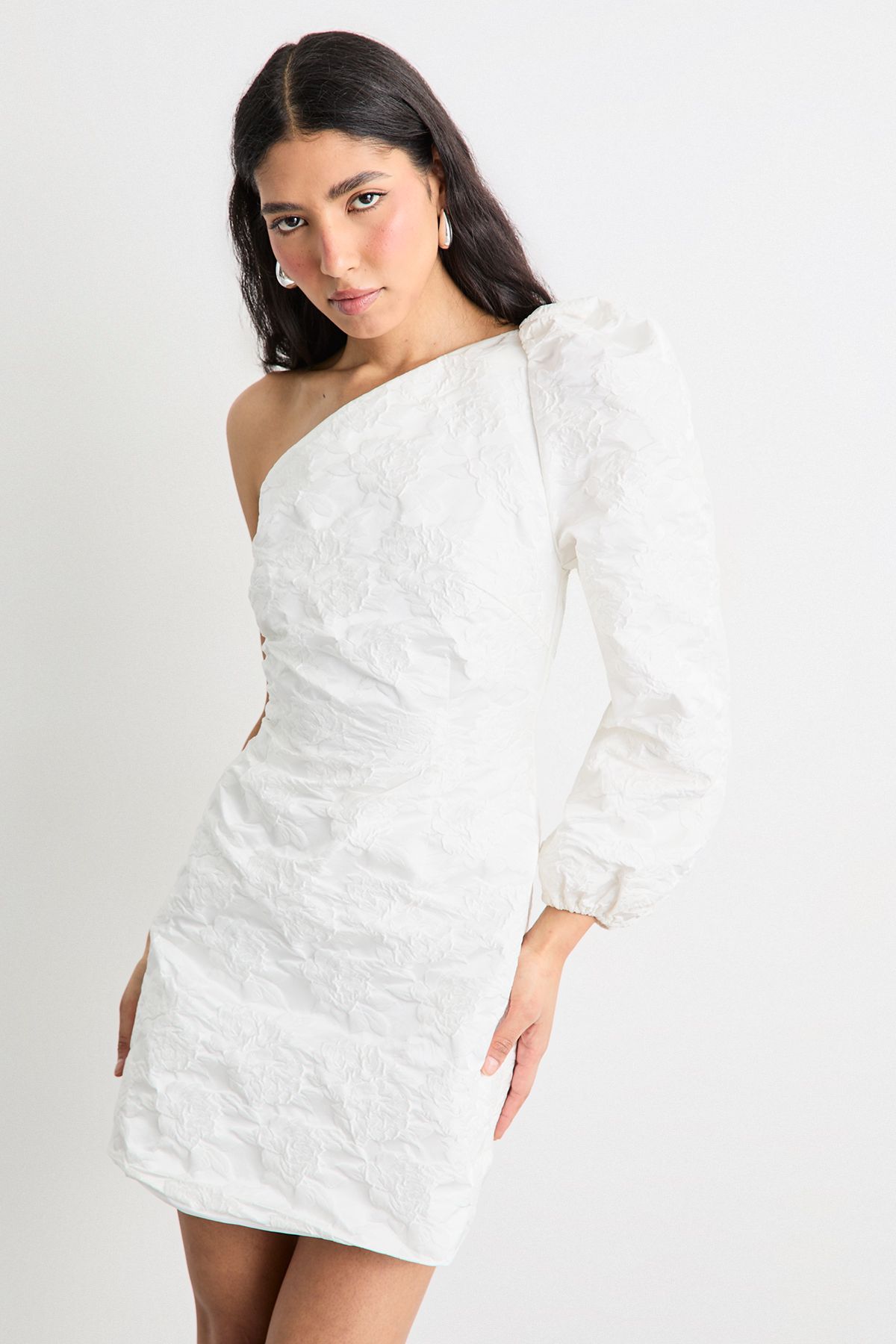 Warehouse Hen Jacquard Puff Sleeve One Shoulder Mini Dress Ivory