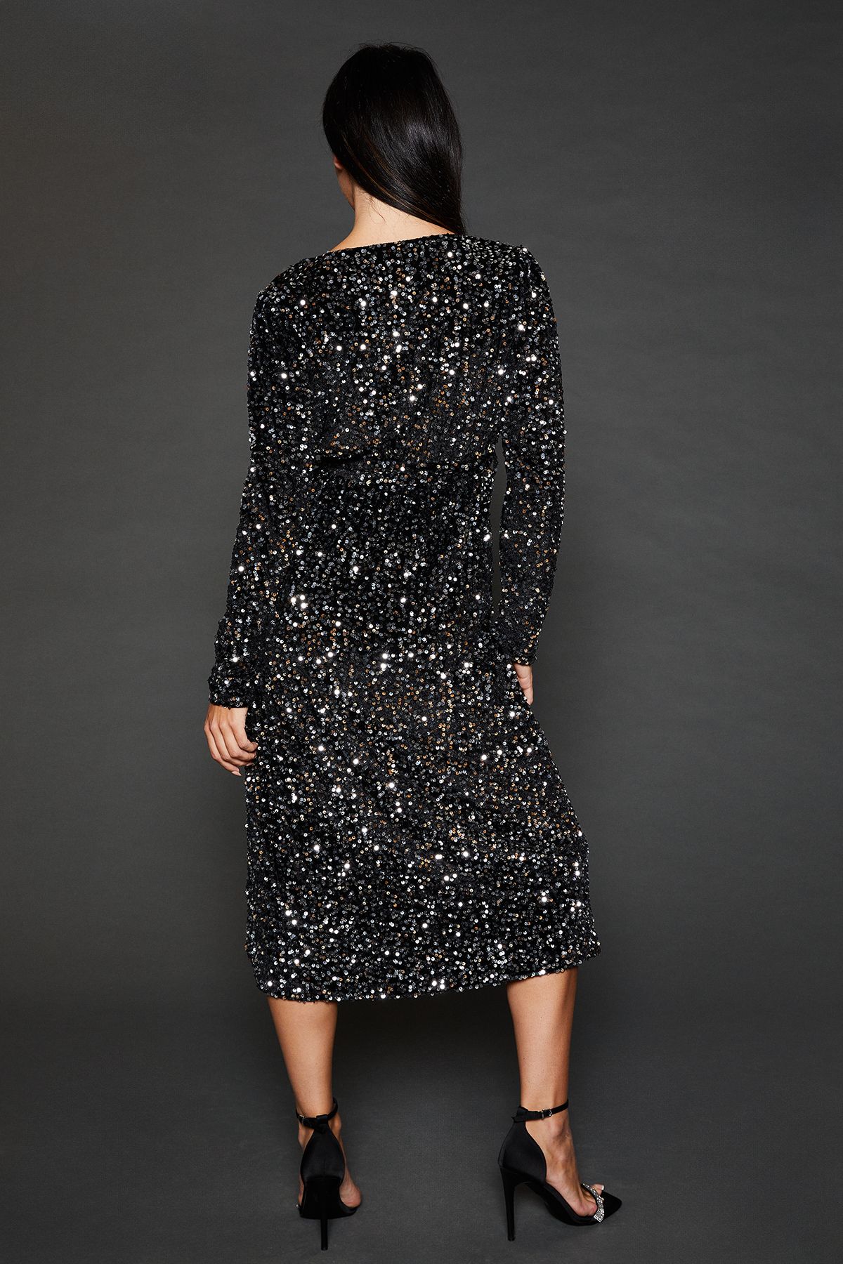 Dorothy Perkins Velvet Sequin Wrap Midi Dress Silver image 3