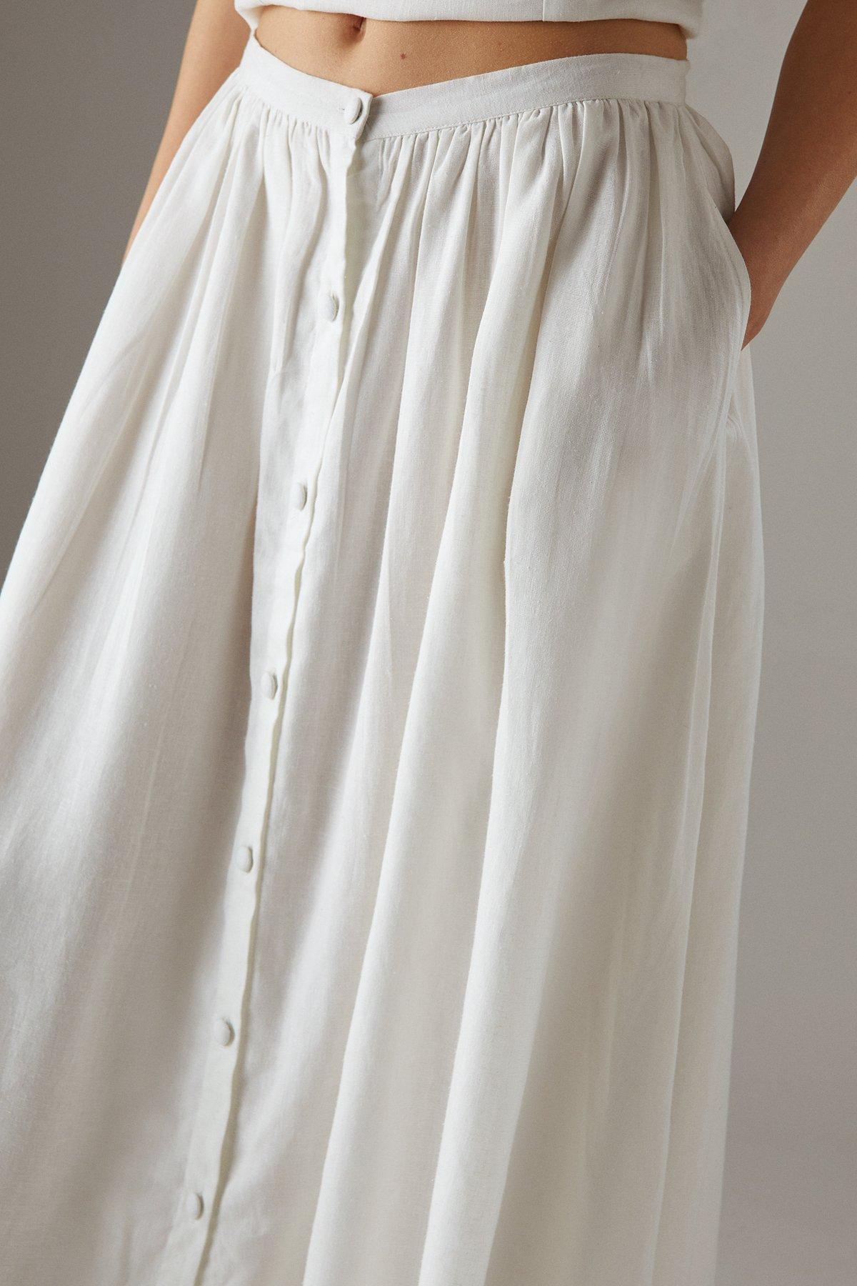 Warehouse Premium Linen Blend Drop Waist Button Through Maxi Skirt White image 4