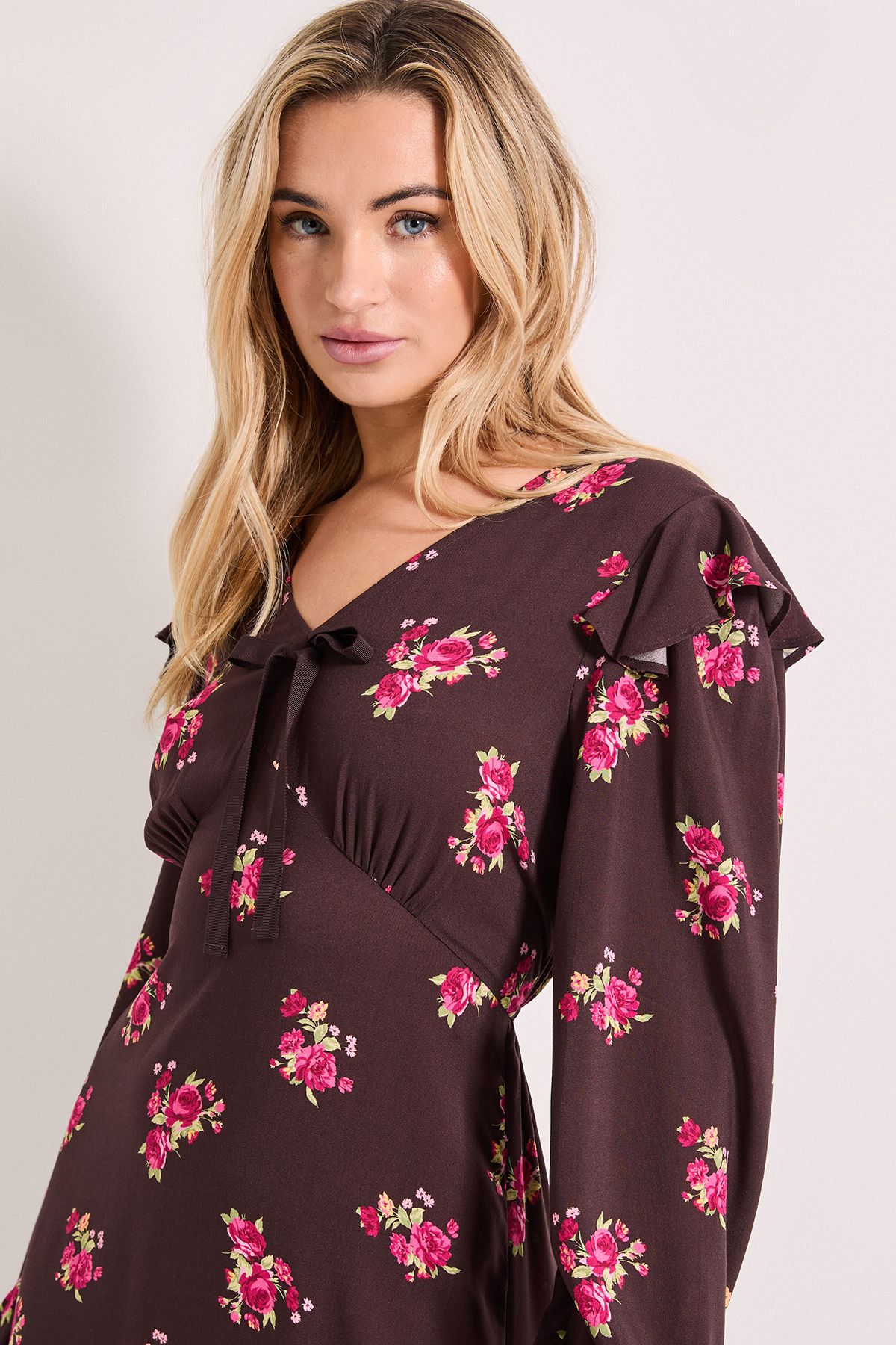 Dorothy Perkins Chocolate Ditsy Contrast Bow Detail Frill Printed Midaxi Dress Chocolate image 2