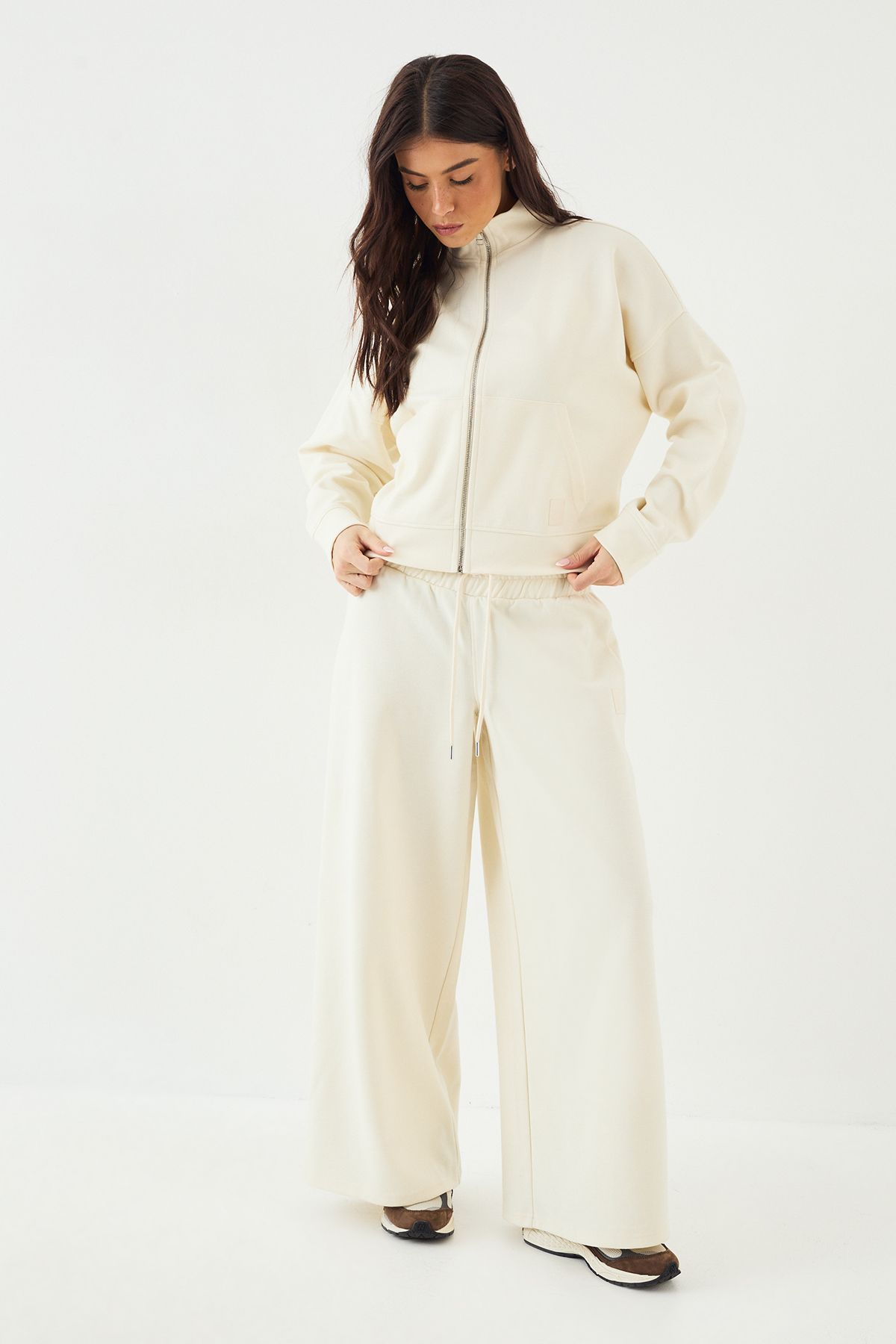 DSGN Studio DSGN Studio Deep Waistband Interlock Wide Leg Jogger Cream