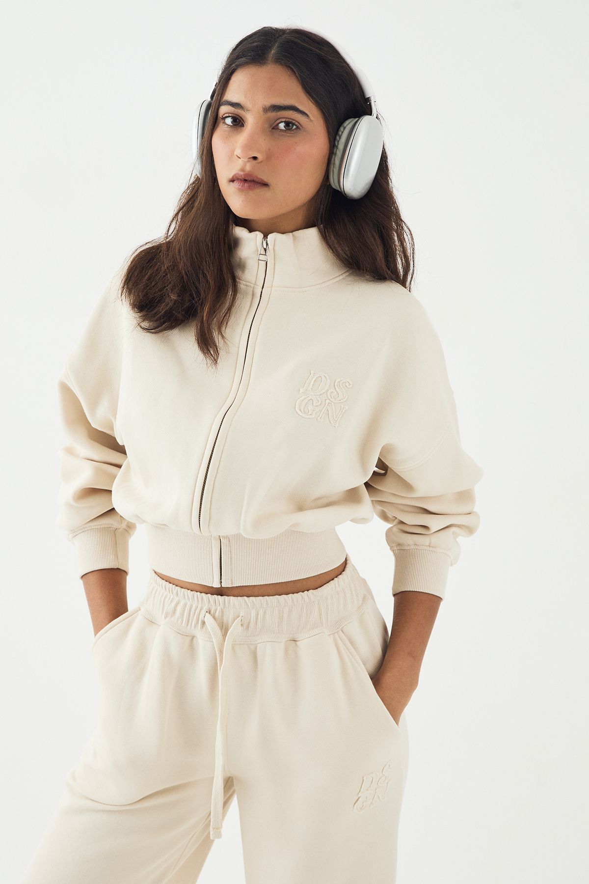 DSGN Studio DSGN Studio Self Fabric Applique Zip Through Funnel Neck Sweatshirt Stone image 3