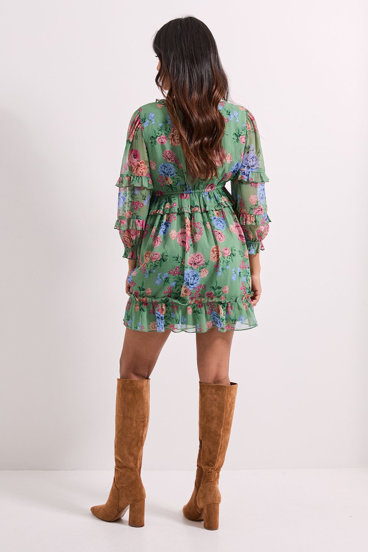 Dorothy Perkins Petite Green Floral Ruffle Trim Wrap Front Printed Mini Dress Floral image 3