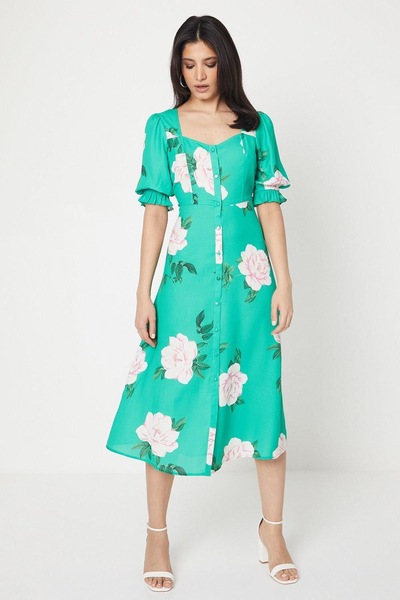 Dorothy Perkins Green Floral Button Through Midi Dress Green