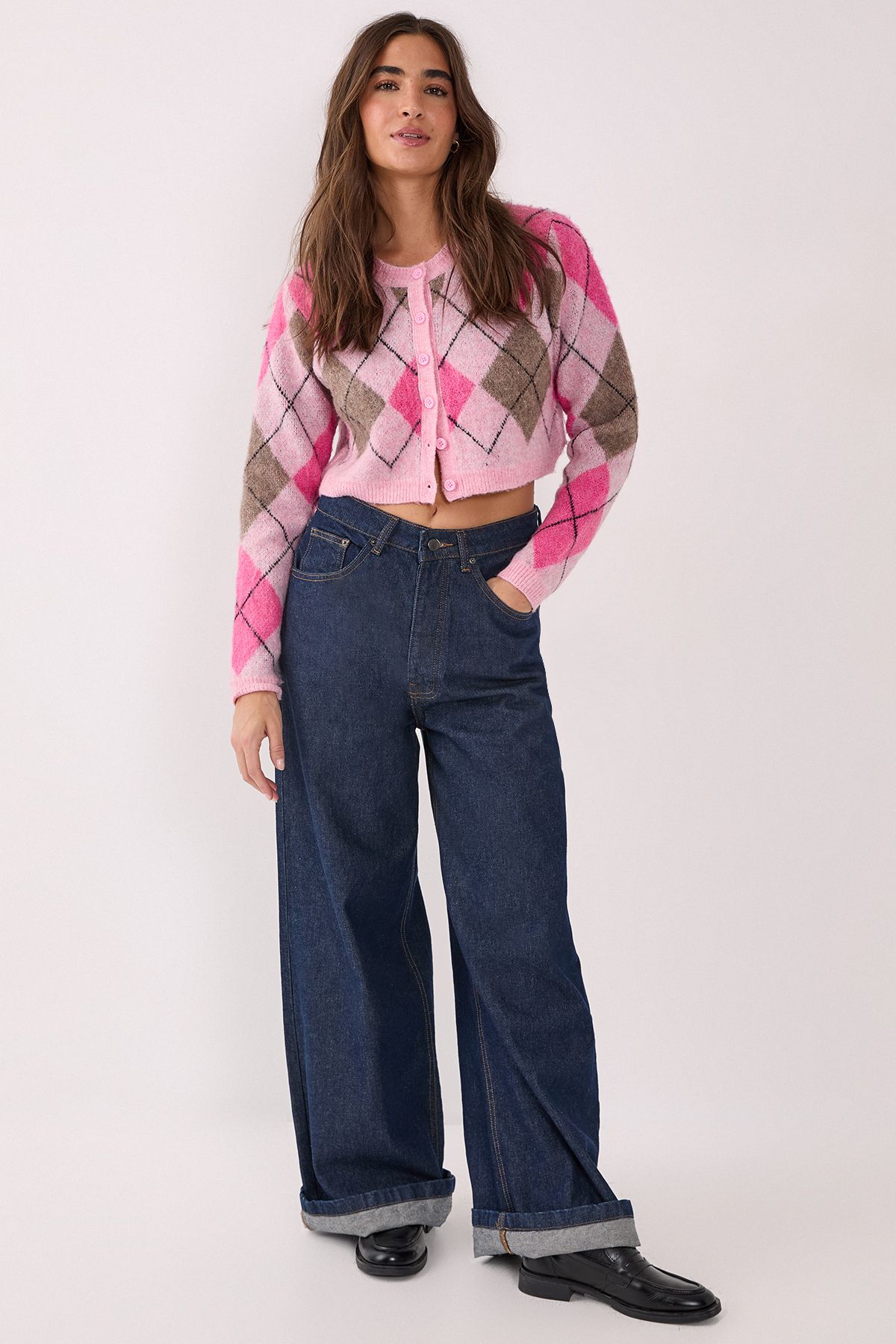 NastyGal Brushed Argyle Cropped Cardigan Pink image 2
