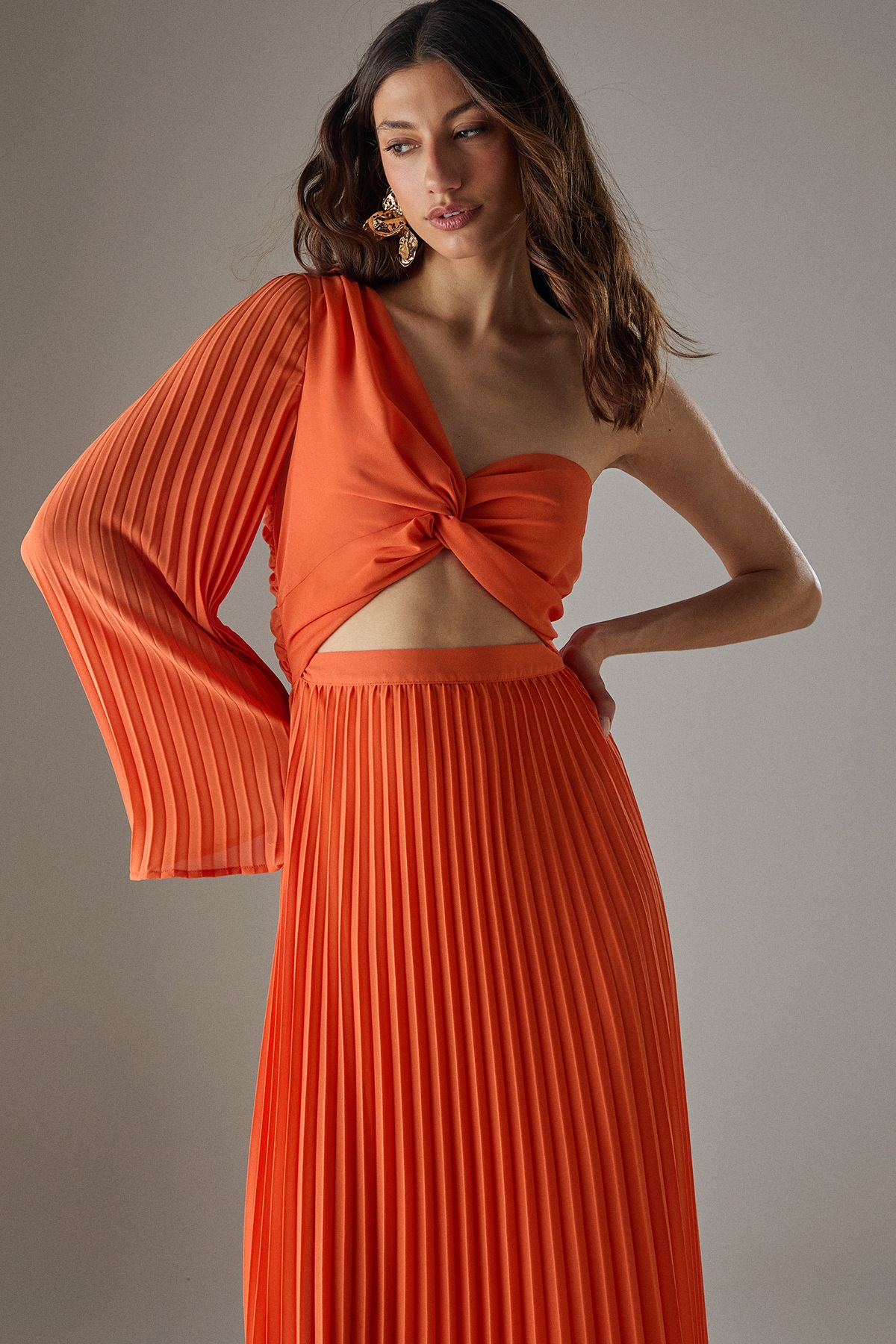 Warehouse Chiffon Pleated One Shoulder Cut Out Midi Dress Orange image 2