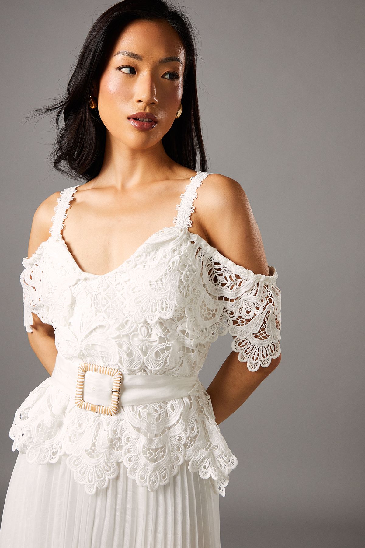 Coast Lace Top Pleated Skirt Midi Dress With Belt Ivory image 4