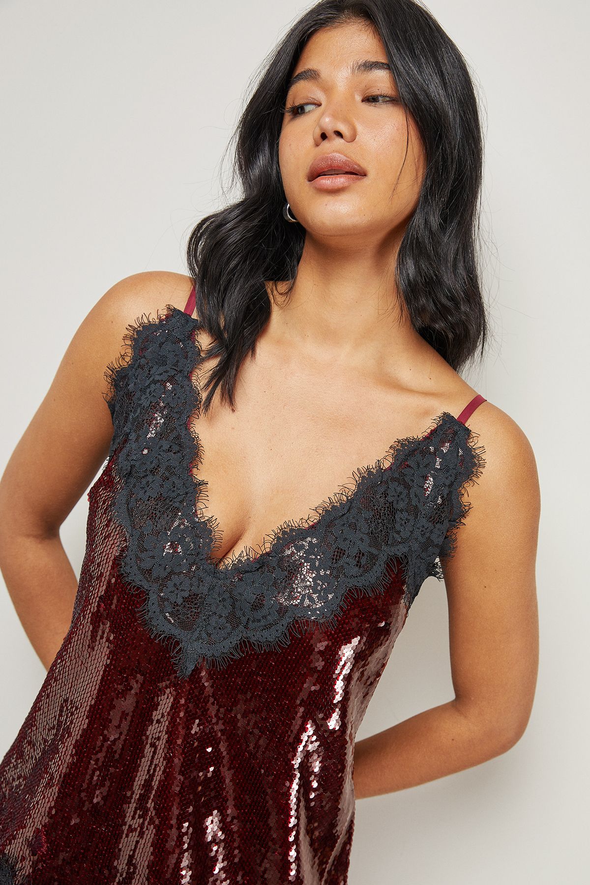 Warehouse Sequin Lace Trim High Apex Cami Top Dark Red image 4