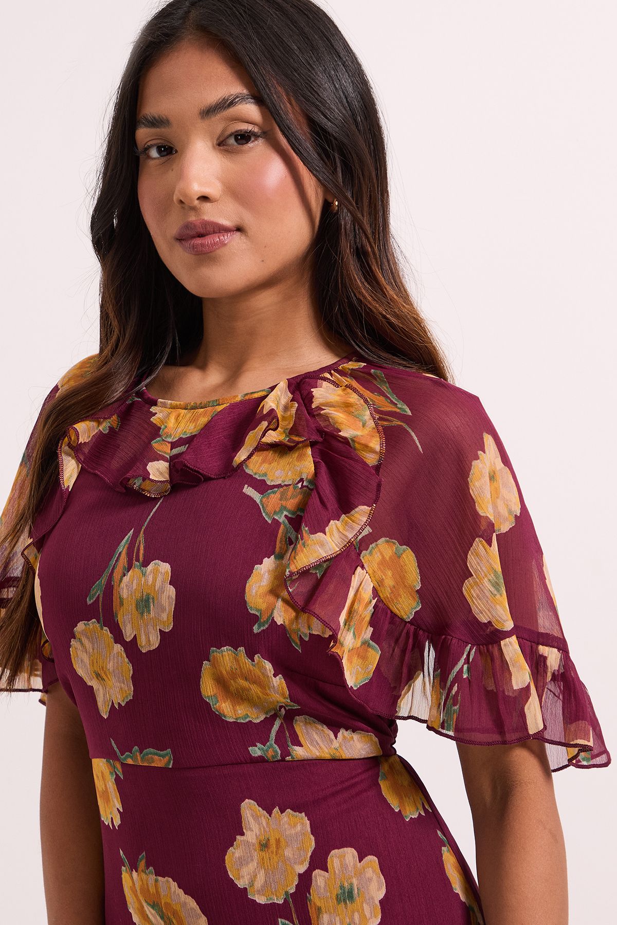 Dorothy Perkins Petite Brown Frill Cape Sleeve Tiered Printed Chiffon Midi Dress Brown image 3