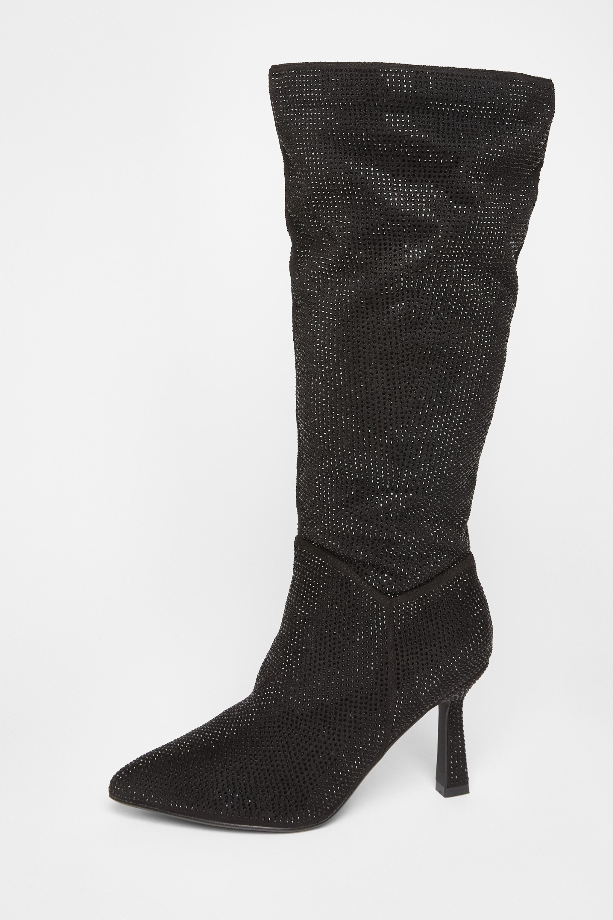 Quiz Black Wide Fit Diamante Knee High Boot image 3