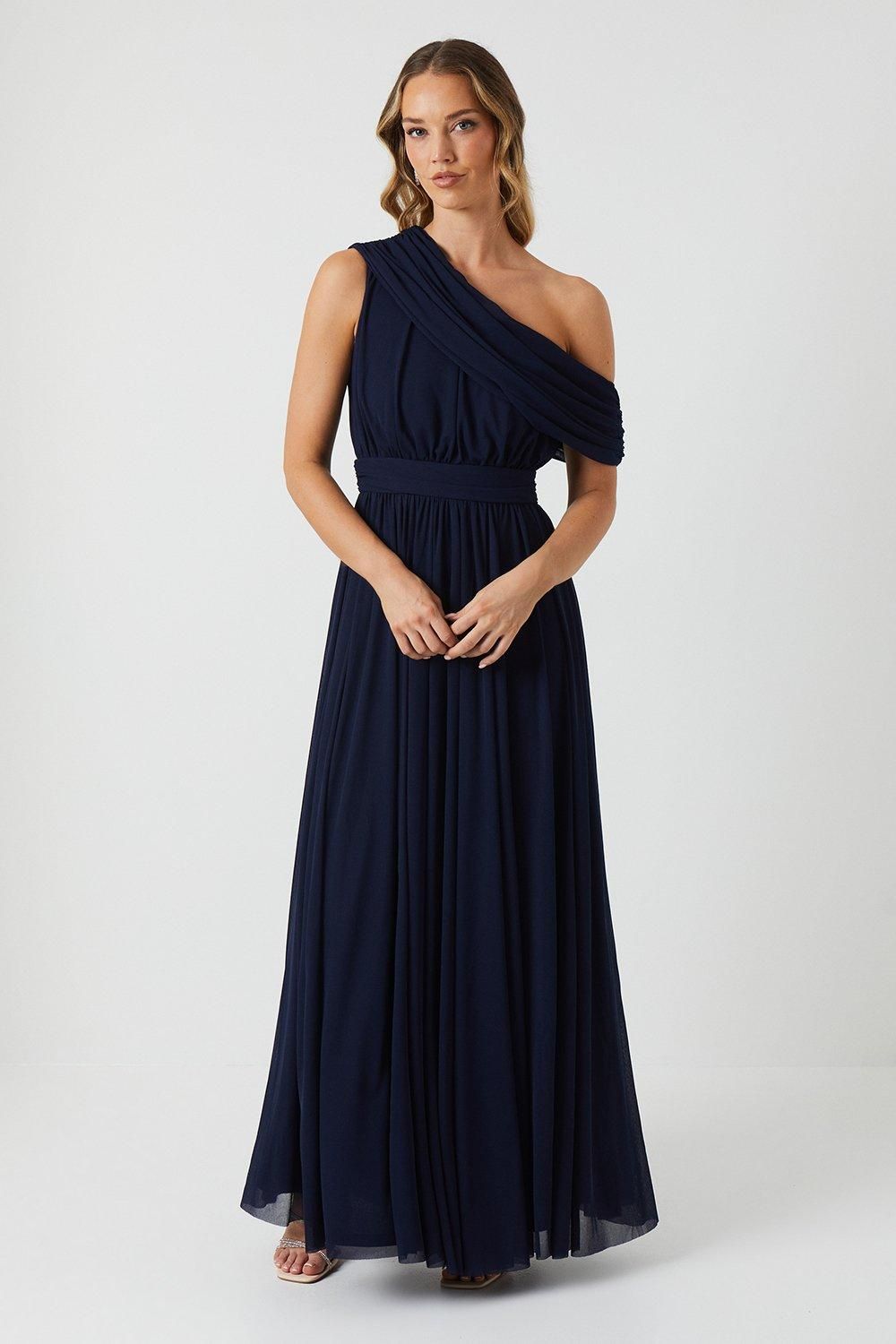 Coast Stretch Mesh Fallen Shoulder Bridesmaid Dress Navy