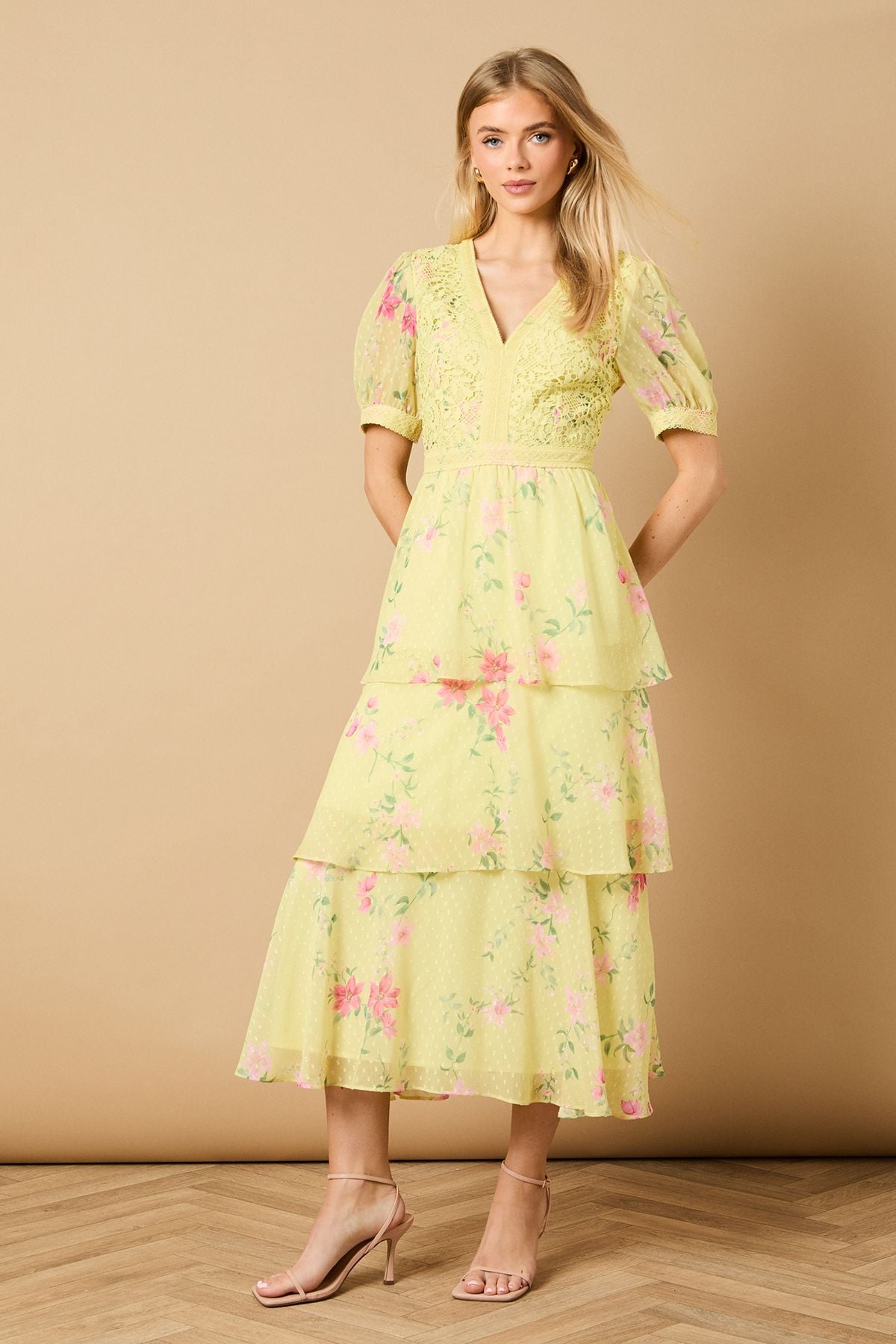 Oasis Occasion Floral Lace Bodice Tiered Midi Dress Chartreuse