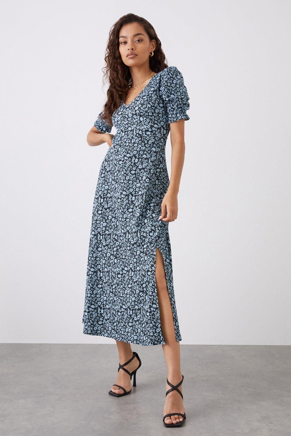 Dorothy Perkins Petite Blue Floral V Neck Jersey Midi Dress Blue image 2