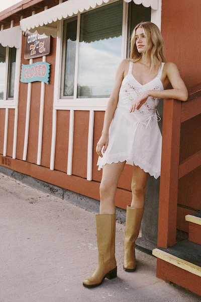 NastyGal Cotton Floral Embroidered Lace Mix Bow Hanky Hem Mini Dress White