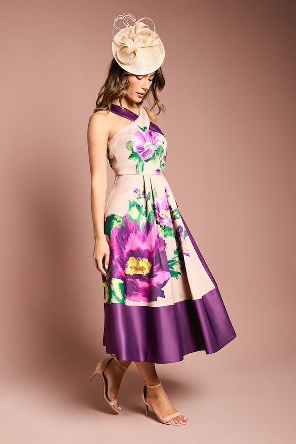 Coast Printed Structured Satin Cross Neck Midi Dress Purple