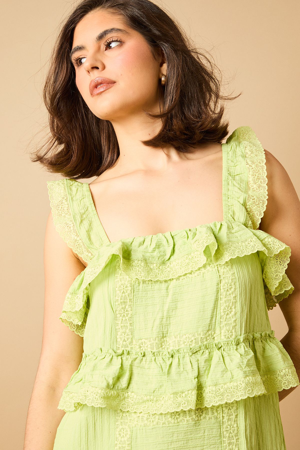 Oasis Broderie Tiered Detail Strappy Mini Dress Khaki image 3