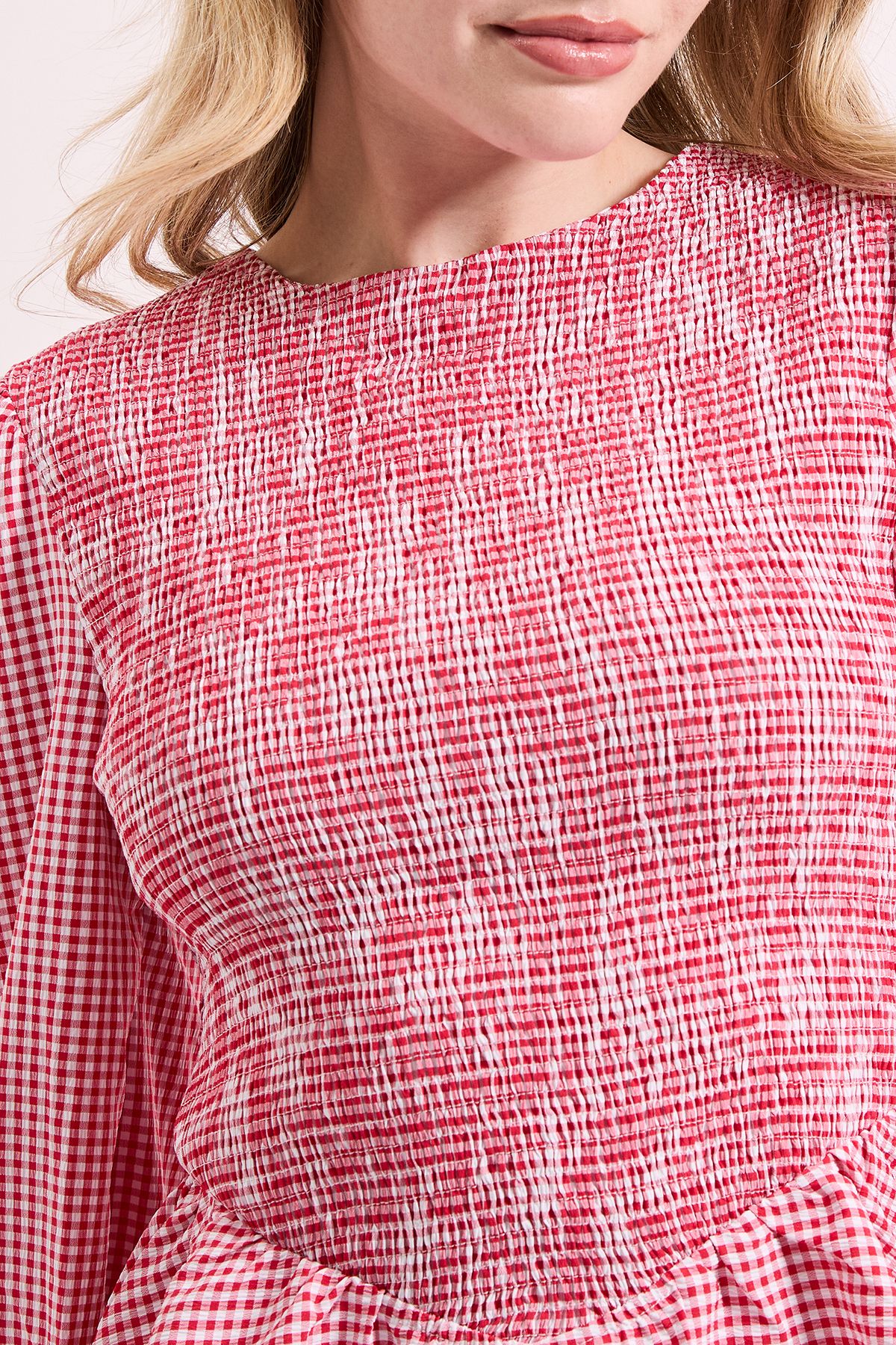 Dorothy Perkins Gingham Shirred Bodice Blouson Sleeve Peplum Top Red image 5