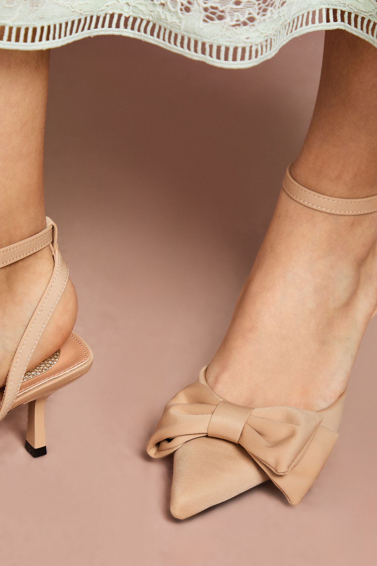 Coast Cristina Satin Bow Pointed Kitten Heel Court Shoes Beige image 4