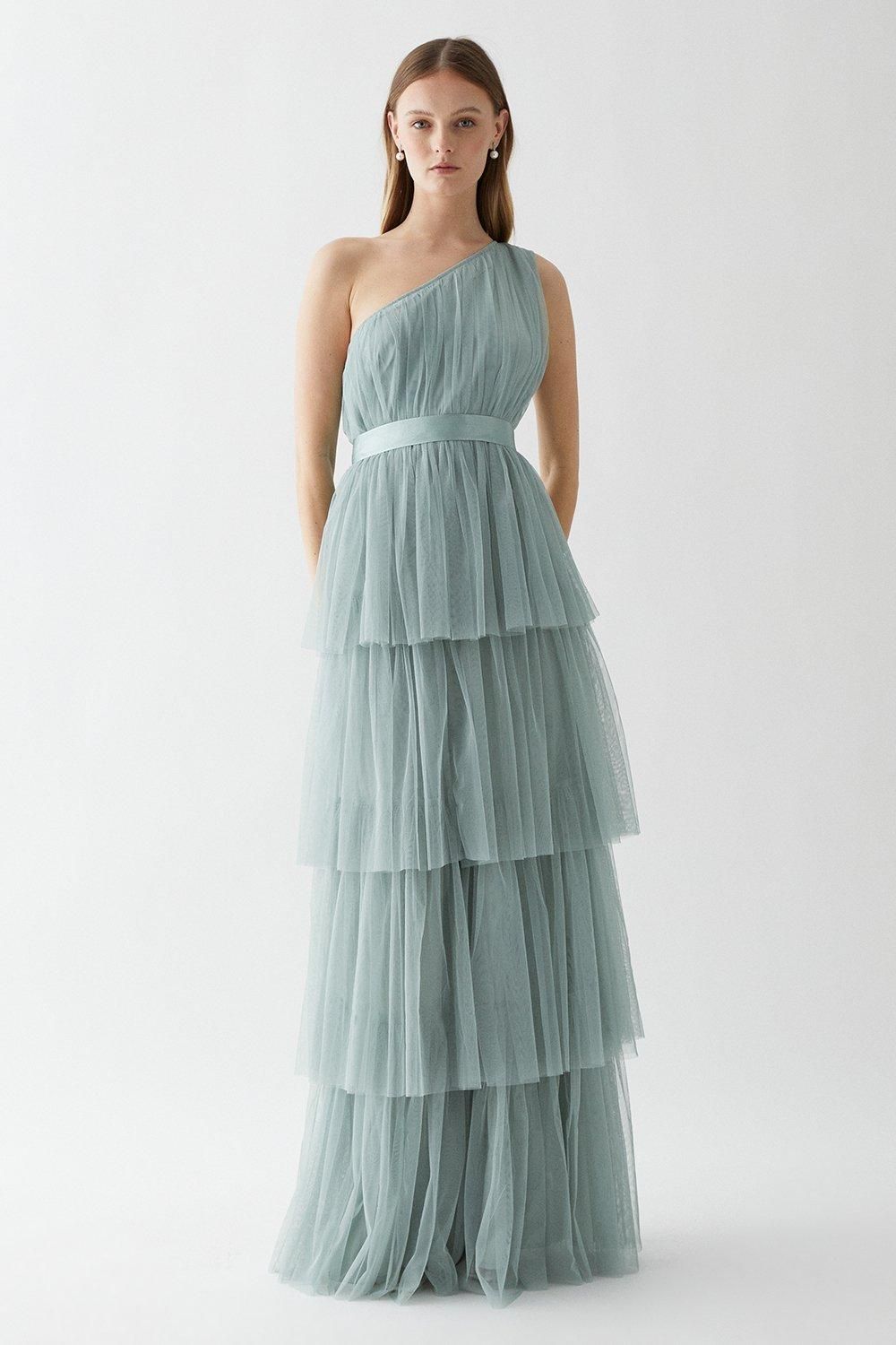 Coast One Shoulder Tiered Mesh Bridesmaids Dress Sage image 1