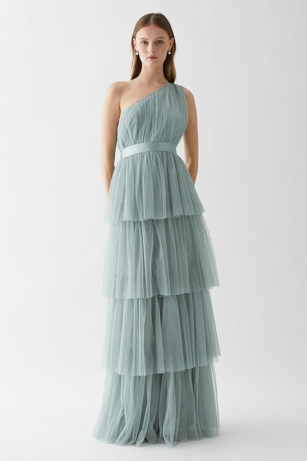 Coast One Shoulder Tiered Mesh Bridesmaids Dress Sage