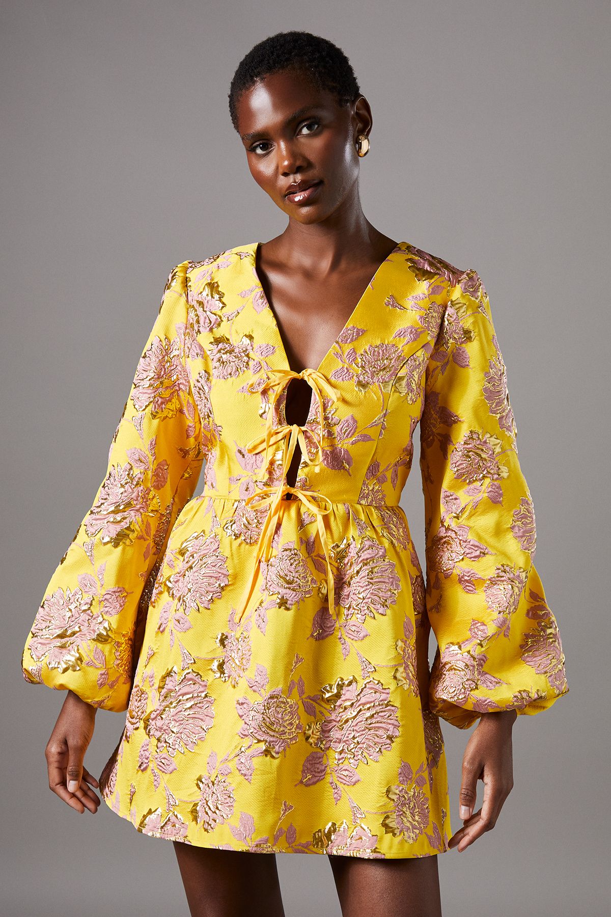 Coast Metallic Jacquard Long Sleeve Mini Dress Yellow image 1