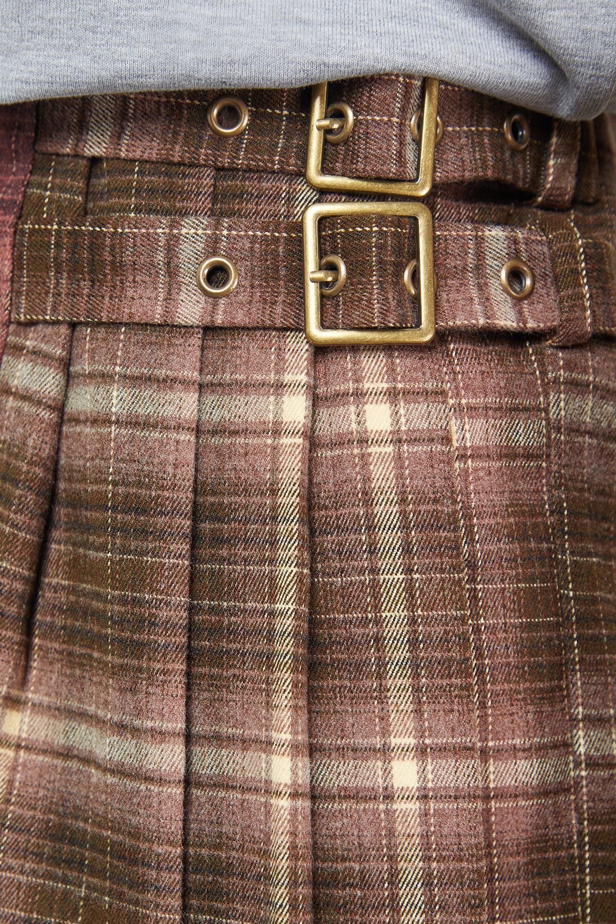 Warehouse Mixed Check Buckle Side Pleat Awkward Length Skirt Multi image 4