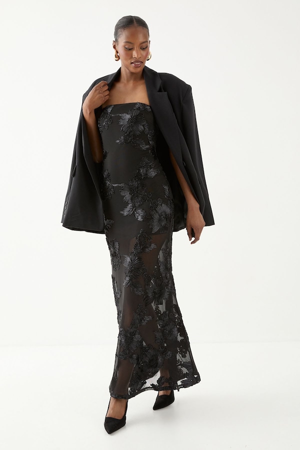 MissPap Floral Textured Bandeau Maxi Dress Black