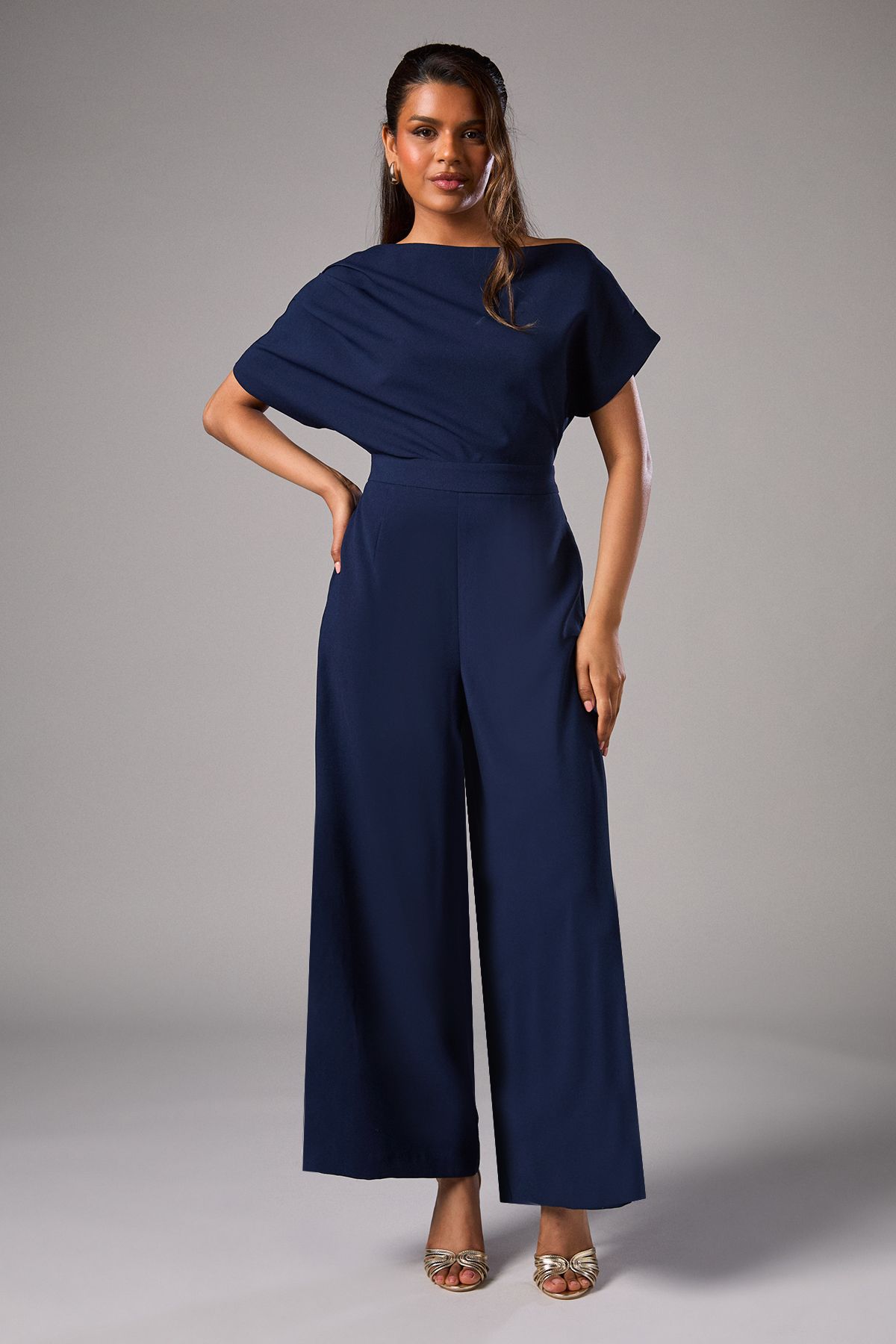 Coast Navy Petite Pleat Off The Shoulder Jumpsuit PLT