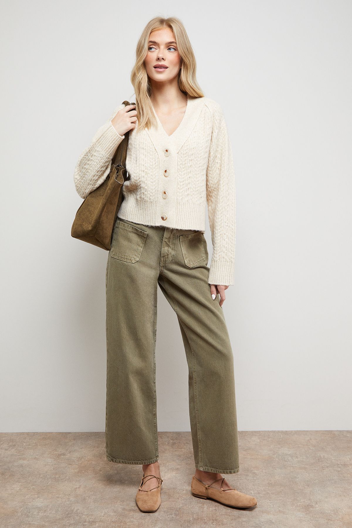 Oasis Stitchy V Neck Cardigan Ecru image 1