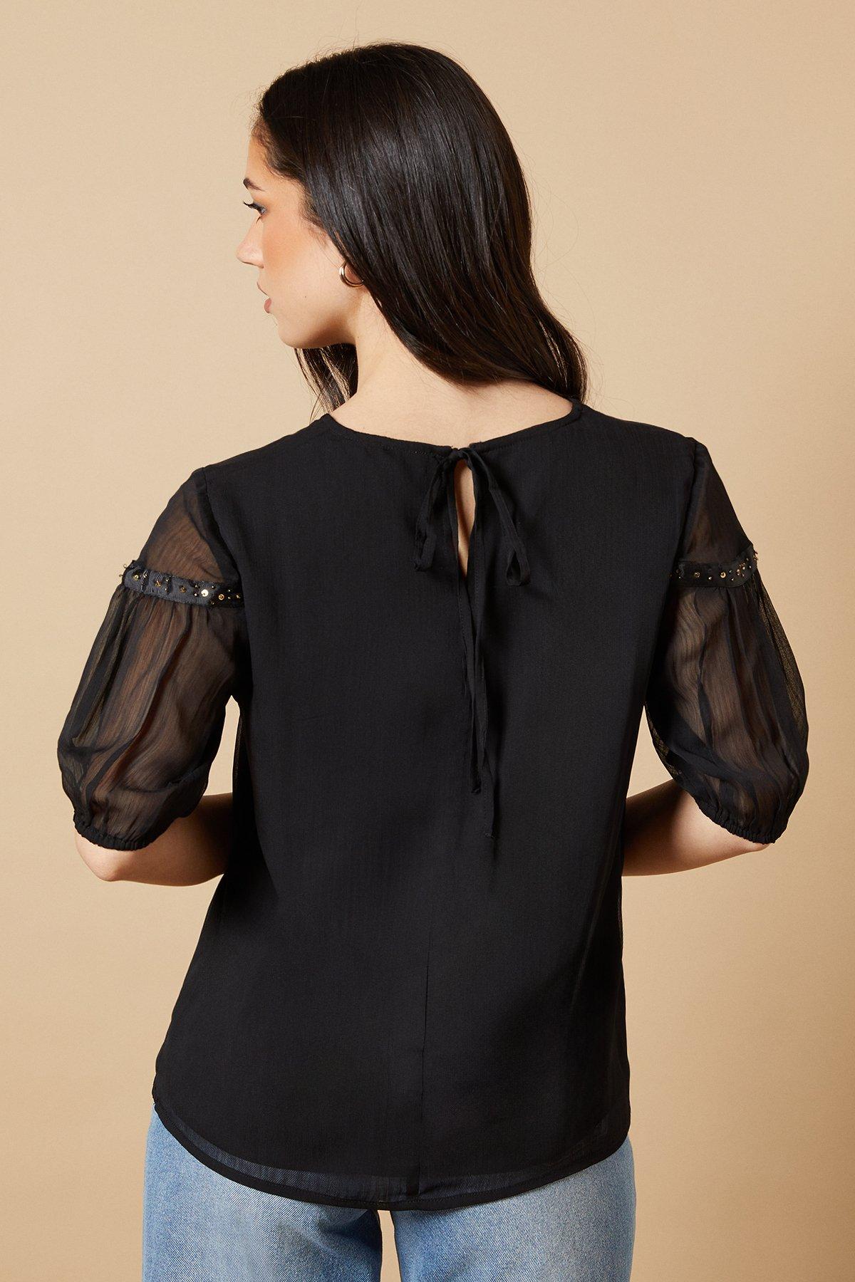 Oasis Hand Embellished Trim scoop Neck Half Sleeve Blouse Black image 3