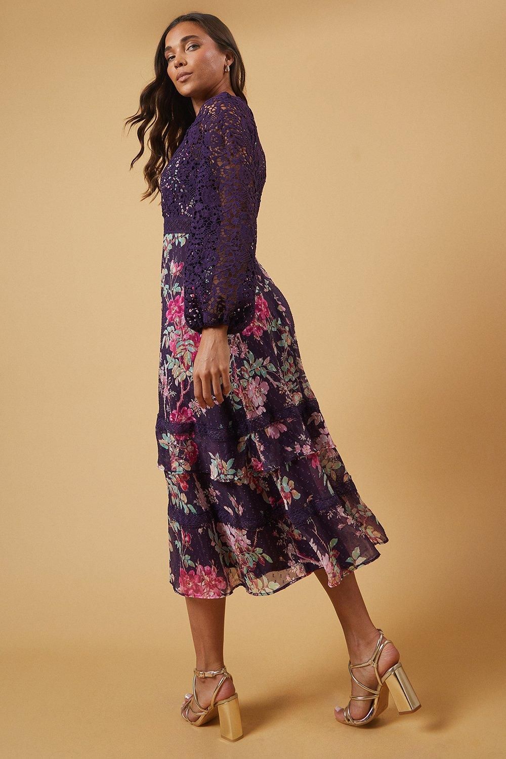 Oasis Petite Occasion Floral Lace Bodice Midi Dress Berry image 3