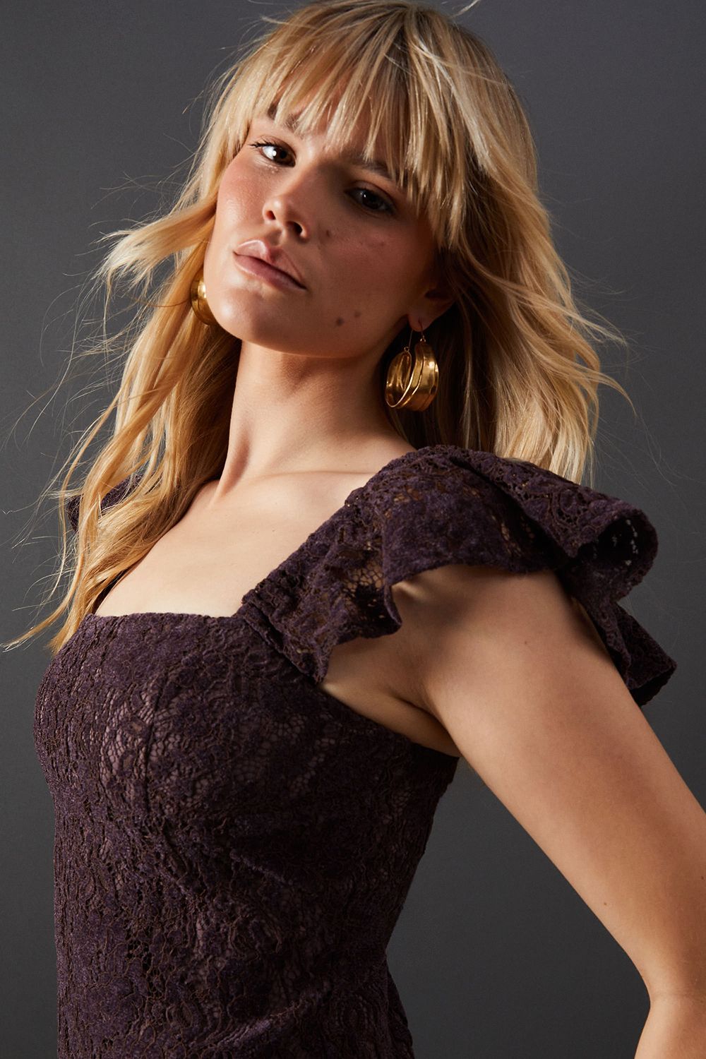 Warehouse Premium Lace Square Neck Frill Strap Midi Dress Aubergine image 2