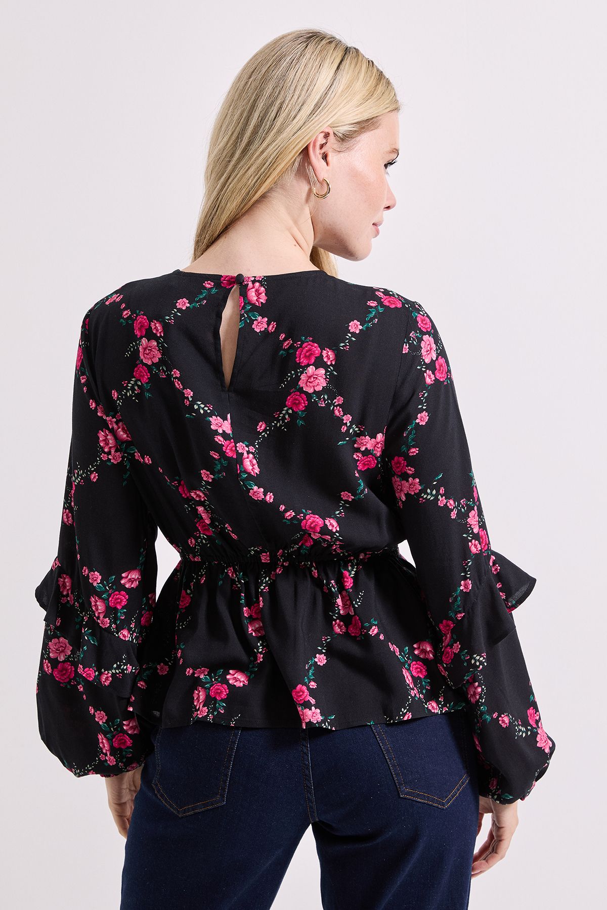 Dorothy Perkins Black Floral Blouson Sleeve Empire Seam BLouse Floral image 3