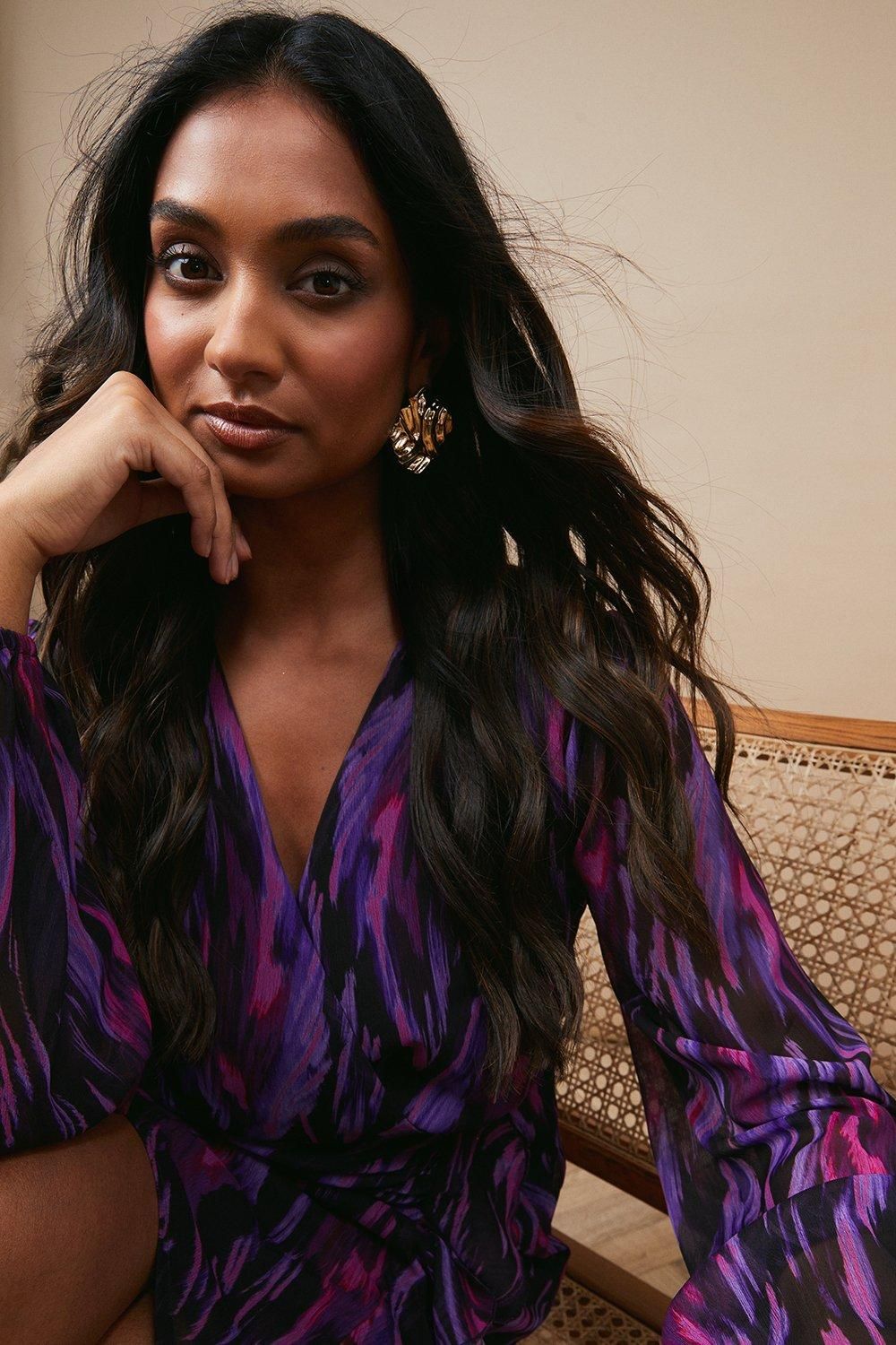 Oasis Occasion Abstract Ruffle Wrap Mini Dress Black image 2