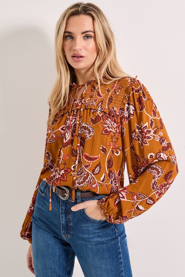 Dorothy Perkins Orange Floral Smocked Yoke Tie Detail Blouson Sleeve Printed Top Orange
