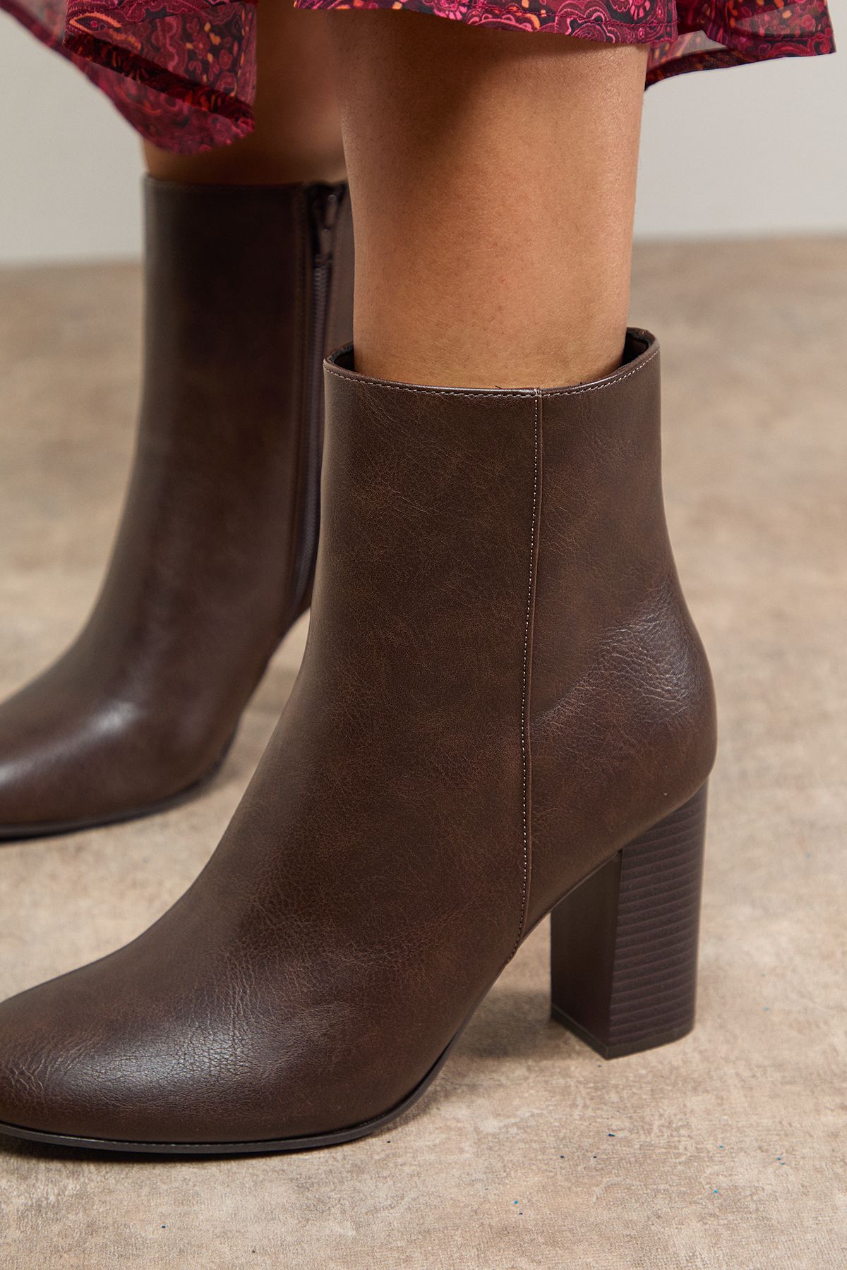 Oasis Louisa Faux Leather Round Toe Stacked High Heel Ankle Boots Brown image 3