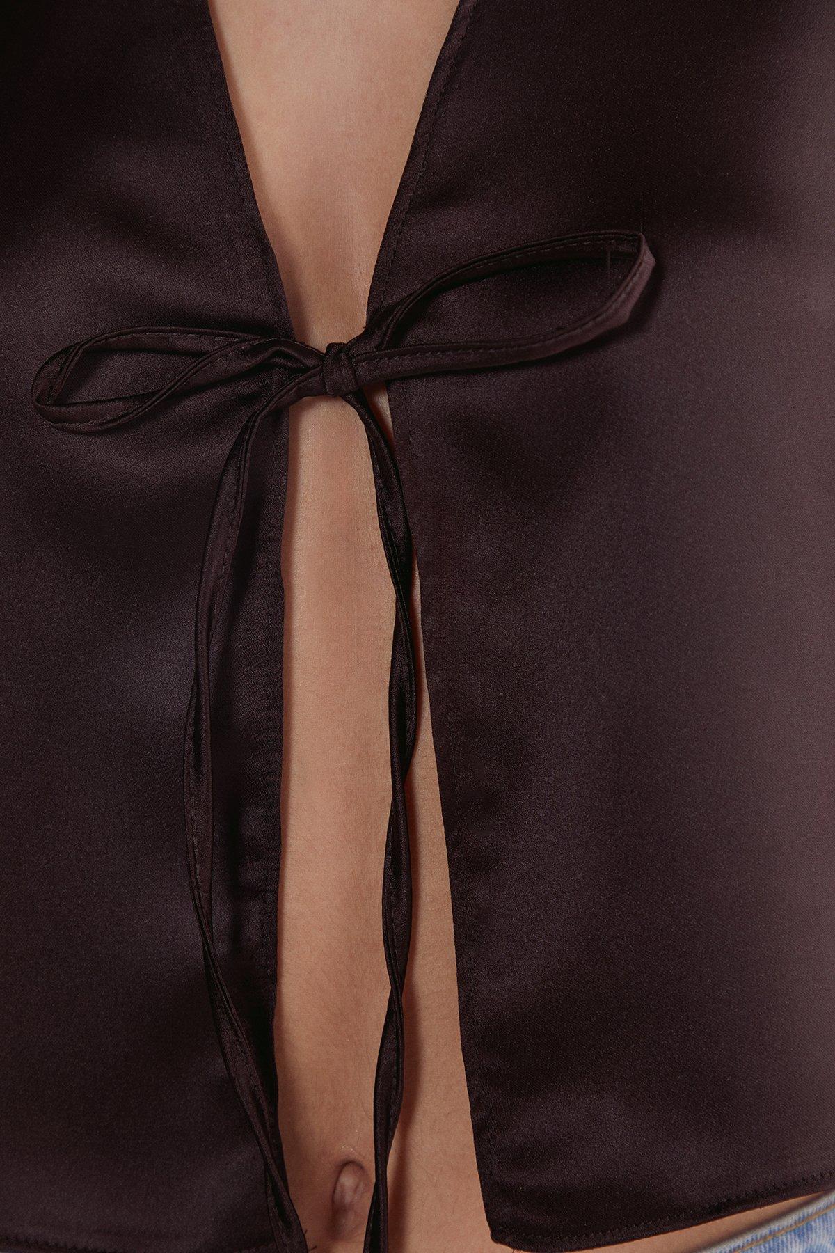 NastyGal Satin Tie Front Vest Chocolate image 5