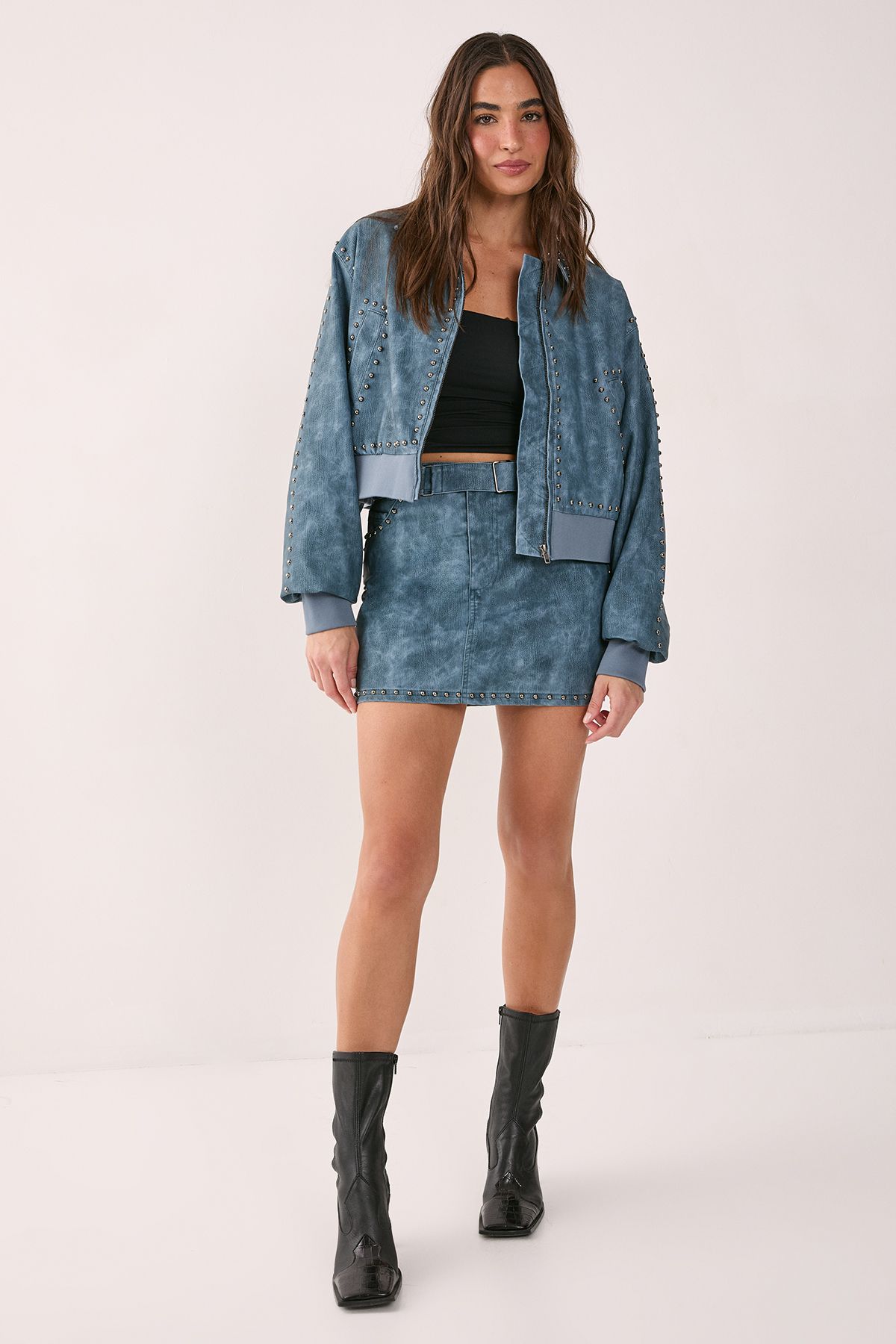 NastyGal Distressed Faux Leather Studded Bomber Jacket Blue image 2