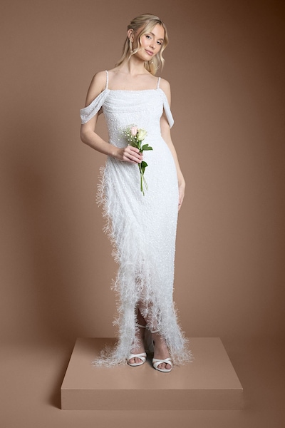Coast Sequin Embellished Feather Trim Draped Bardot Maxi Wedding Dress Ivory