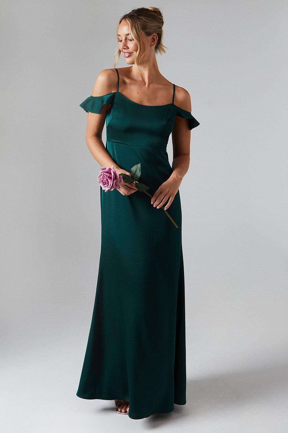 Oasis Cold Shoulder Satin Bridesmaid Midaxi Dress Emerald image 1