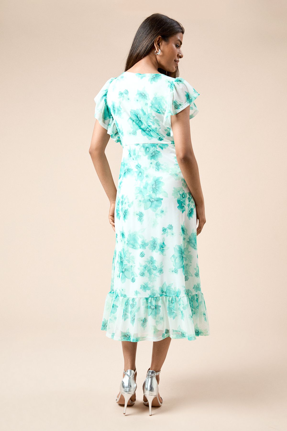 Dorothy Perkins Petite Green Floral Frill Sleeve Belt Detail Mesh Jersey Midi Dress Green image 3